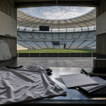 Ilustração editorial de estádio de futebol vazio com espaços de publicidade removidos e documentos comerciais sobre uma mesa