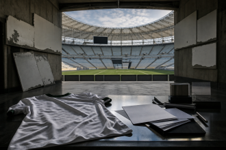 Ilustração editorial de estádio de futebol vazio com espaços de publicidade removidos e documentos comerciais sobre uma mesa